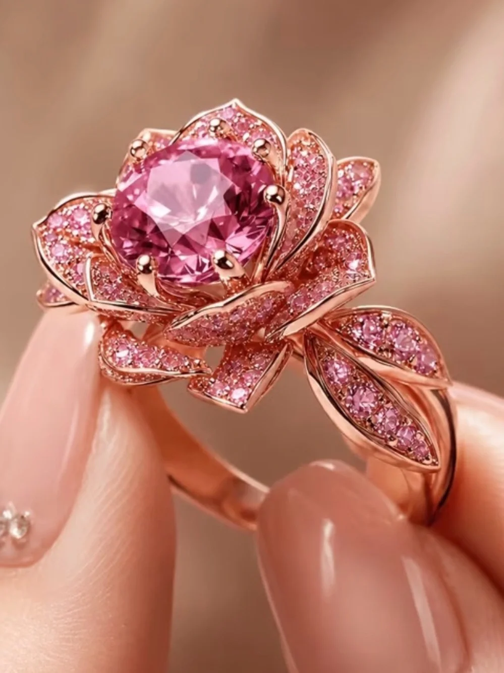 Elegant Pink Flower Cocktail Ring - Rose Gold Tone